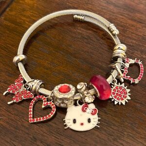 Hello Kitty Silver Charm Bracelet w/Red Accents & Heart, Sun & Butterfly Charms